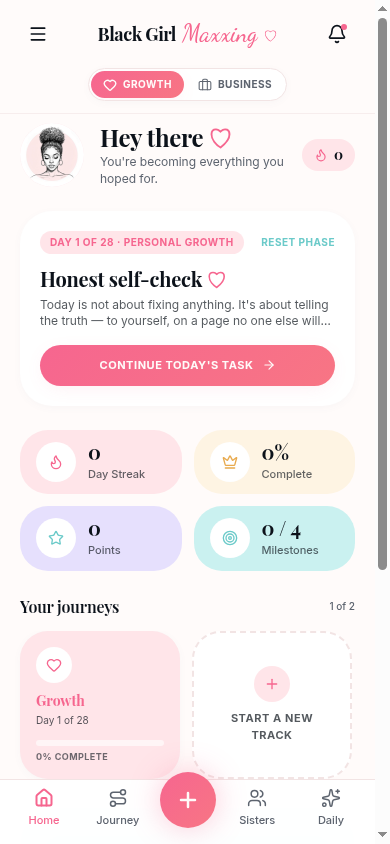 Black Girl Maxxing app home screen showing day 1 of 28, today's task, day streak and milestones